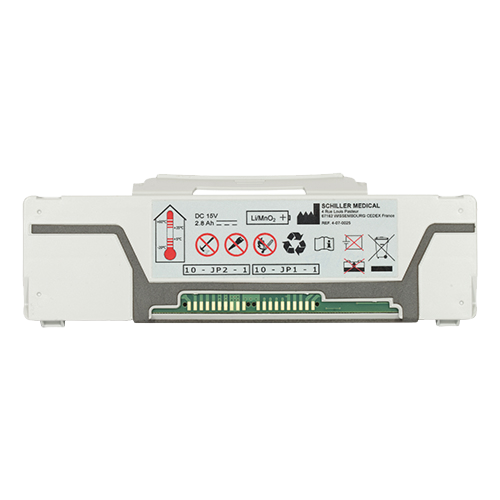 Batterie für Defibrillator Fred PA1/Defisign. Der Akku ist weiß mit einem Aufkleber, der die Lagerung des Akkus und seine Kapazität beschreibt.