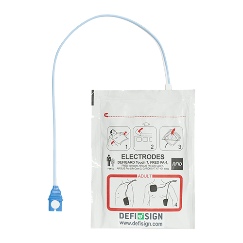 Erwachsenenelektroden für den Defibrillator Fred PA-1/Desfisign. Auf den Elektroden befindet sich ein Bild zur Platzierung.