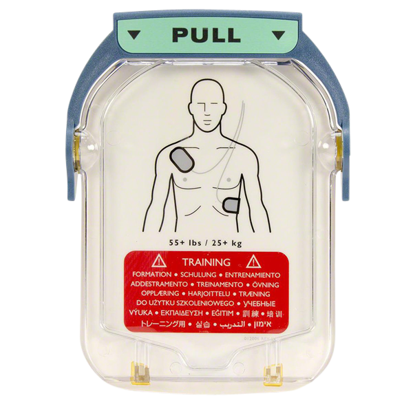 Trainingselektrodenkassette für Erwachsene von Philips HS1. Auf der Elektrodenkassette befindet sich eine Abbildung, wo die Elektroden platziert werden sollen.