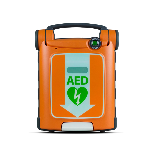 Der vollautomatische Defibrillator Powerheart AED ist orange mit einem grünen Herzen und einem weißen Blitz. Über dem Herzen steht in großen grünen Buchstaben AED.