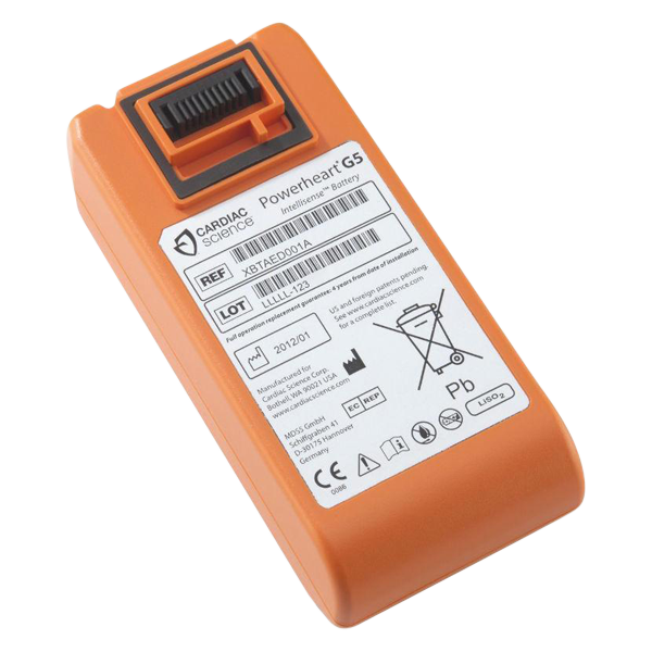 Batterie für Defibrillator Powerheart AED G5. Der Akku ist orange und mit einem Aufkleber versehen, der den Akku und seine Kapazität beschreibt.