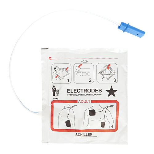 Erwachsenenelektroden für den Defibrillator Fred Easy. Bilder, wie die Elektroden platziert werden sollten.