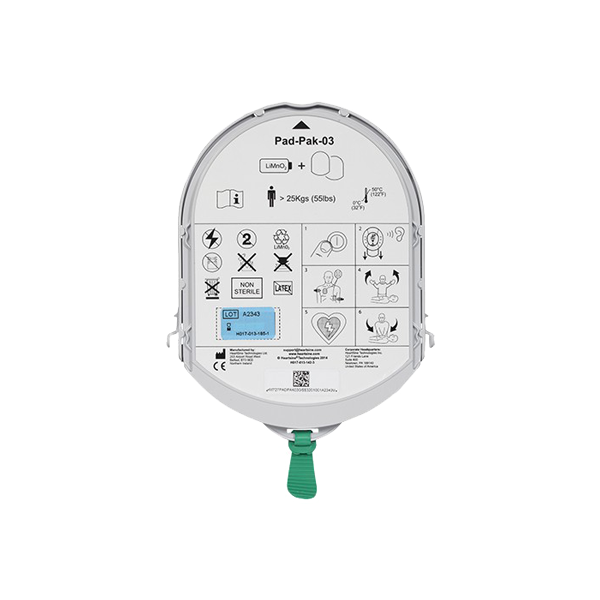 Elektroden für Samaritan Pad-Pak 03. Die Elektroden befinden sich in einer Verpackung mit Anweisungen auf der Vorderseite.