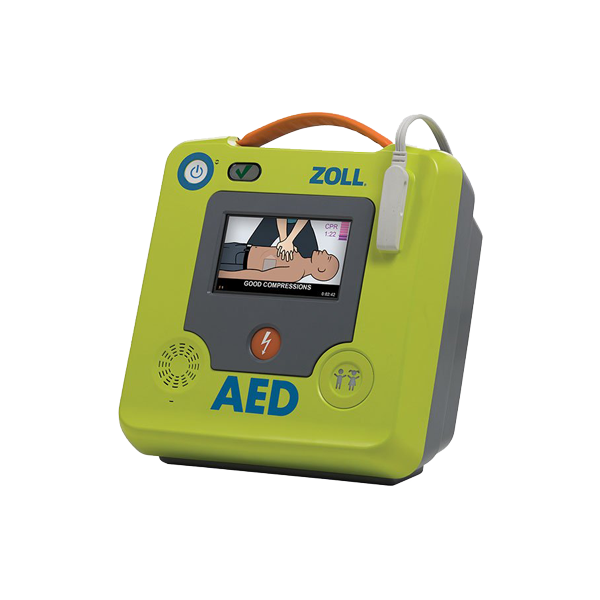 Zoll AED 3 Defibrillator im grünen Design. Auf dem Defibrillator ist es eine Person, die eine Herz-Lungen-Wiederbelebung erhält.